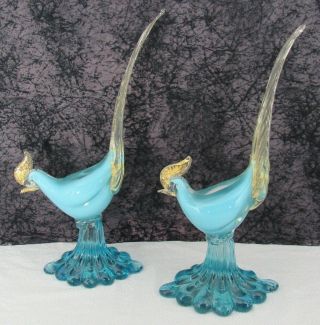 Pair Vintage Murano Mid Century Venetian Blue Art Glass Pheasant Sculptures