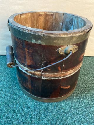 Vintage Antique Primitive Wooden Bucket With Two Metal Bands