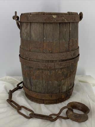 Antique Primitive Wood Well Water Bucket W Hand Forged Iron Chain Keg Vessel