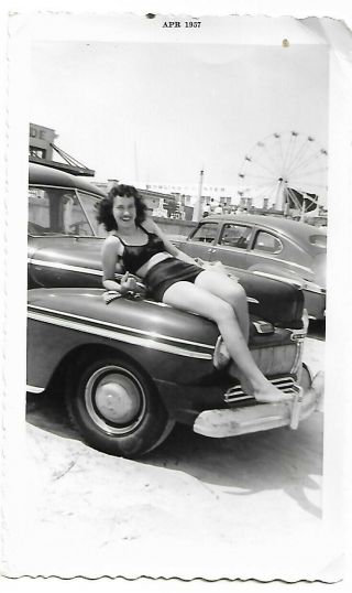 Vintage 1950s Snapshot Lady In Bikini On Car Barefoot By Fair B&w Photo