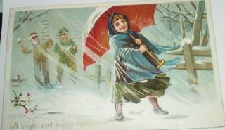 Vintage A Bright & Happy Christmas Postcard Children Snowball Fight & Umbrella