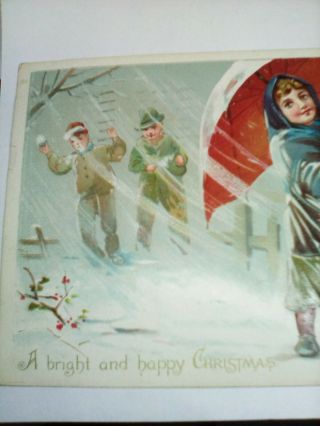 Vintage A Bright & Happy Christmas Postcard Children Snowball Fight & Umbrella 2