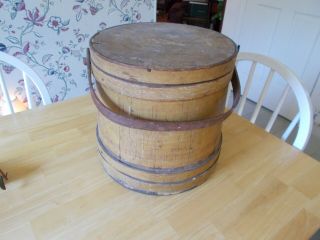 1800s Yellow Paint Firkin With Wooden Handle Shaker Style Straps Large