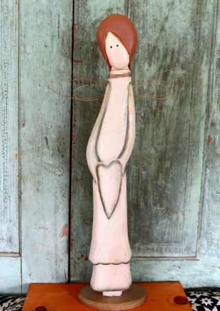 Lg Tall Carved Wood Angel Heart Statue Wooden Figurine Farmhouse Primitive Style