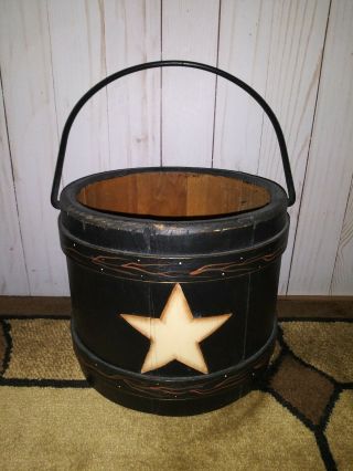 Vintage Primitive Wood Bucket Pail With Metal Handle,  Hand Painted,  Folk Art
