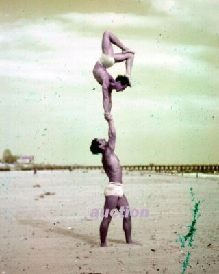 Vintage Negative: Bodybuilders Men Male Physique Acrobatic Beach 40 