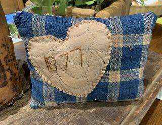 Sm Pillow Early Blue Lindsey Woolsey W/ Stitched “ 1877“ On The Lg Heart