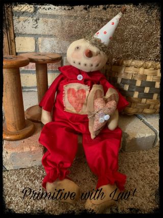 Primitive Valentines Doll Snowman With Heart Ornies