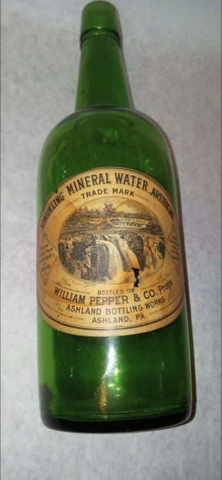 Rare Vintage Wm Pepper & Co.  Apple Green Quart Mineral Water Bottle