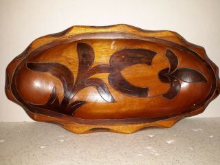 Vintage Heavy Hand Carved Oblong Wooden Dough Bowl Primitive Folk Art Flower