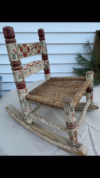 Vtg Antique Primitive Folk Art Hand Painted Wood Child Or Doll Rocking Chair