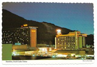Vintage Nevada Chrome Postcard Stateline South Lake Tahoe Night Hotels Casinos
