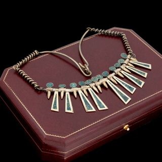 Antique Vintage Sterling Silver Native Zuni Turquoise Chip Inlay Necklace 50.  4g