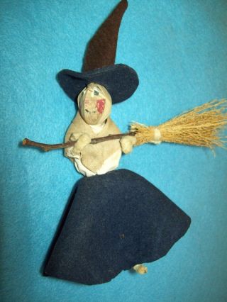 Vintage Handmade Primitive Folk Art Halloween Witch Doll Nut Head Wool Clothes