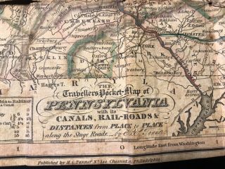 Rare Antique 1830 Tanner Folding Pocket Map Of Pennsylvania Canals Railroads