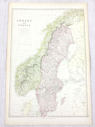 1888 Antique Map Of Sweden Norway Scandinavia 19th Century Blackie & Son
