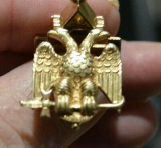 14k Solid Gold 32 Degree Masonic Rite Mason Enamel - Double Eagle - Pendant Fob