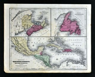 1844 Olney Atlas Map Nova Scotia Newfoundland Canada Mexico West Indies Cuba