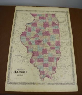 1865 Antique Johnson Hand - Colored Map Of Illinois