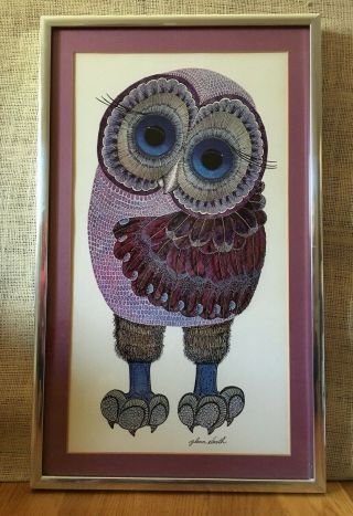 Vintage Glenn Heath Owl Print Framed Under Glass Mid Century Mod
