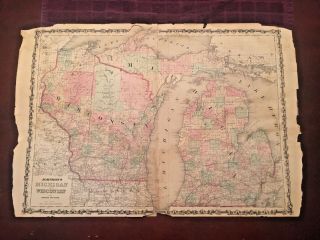 1863 Johnson And Ward Hand Colored Atlas Map Of Michigan And Wisconsin