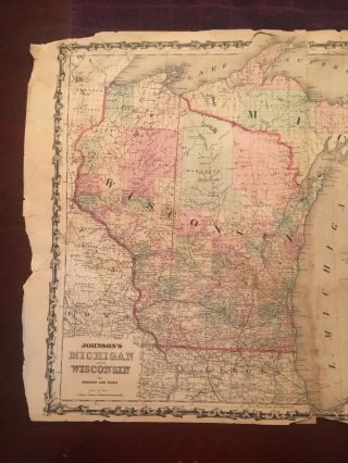 1863 Johnson and Ward Hand Colored Atlas Map of MICHIGAN AND WISCONSIN 3