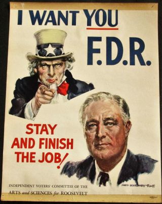 Jm Flagg Fd Roosevelt 1944 President Campaign Window Poster W Uncle Sam