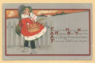 Vintage Christmas,  Year Greetings Postcard,  Cute Little Girl In Red,  Up