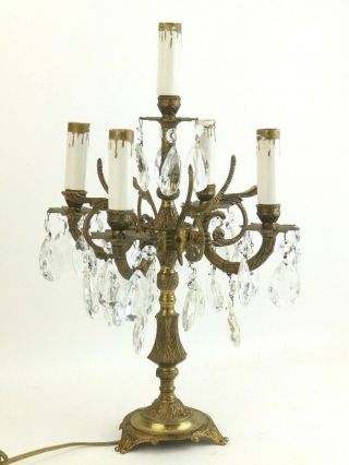 Vintage Hollywood Regency 5 Light Brass Prisms Candelabra Candlestick Table Lamp