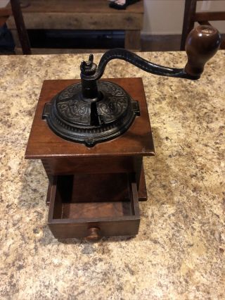 Vintage Antique Wood & Cast Iron Hand Crank Coffee Bean Grinder Mill