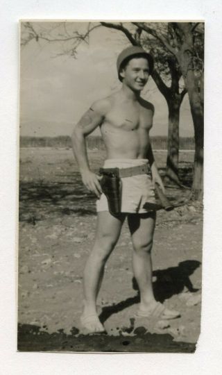 23 Old Photo Handsome Underwear Muscle Soldier Boy Man Gun Beach Snapshot Gay