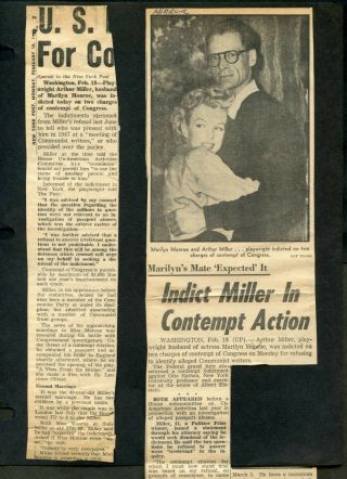 16 Vint.  Newspaper Clippings 1957 Marilyn Monroe,  Arthur Miller Indicted Contempt