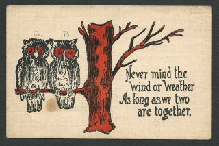 As Long As We Are Together,  2 Owls On A Branch,  Vintage Color Postcard,  Unposted