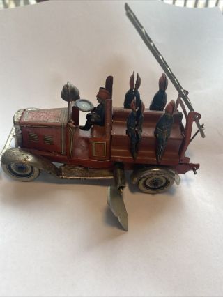 Vintage 1930s Germany Tin Wind Up Penny Toy Fire Truck W/ladder