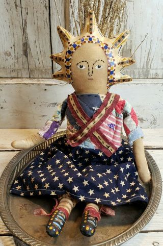 Primitive Folk Art Patriotic Americana Lady Liberty Doll Old Quilt & Stars Dress