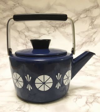 Vintage Cathrineholm Saturn Blue White Teapot Tea Kettle Enamel Viking 1960s