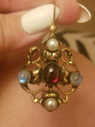 Antique Gold Earring With Gemstones And Pearls - Moonstone,  Garnet