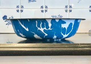 Antique Vintage Graniteware Aqua Blue And White Swirl Bowl Or Pot Enamelware