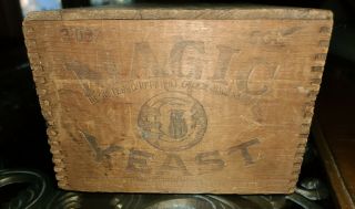 Vintage Antique Magic Yeast Wood Box With Owl And Moon Trade Mark Dovetail