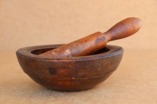 Old Antique Primitive Wooden Wood Bowl Plate Mortar Pestle Masher Early 20th