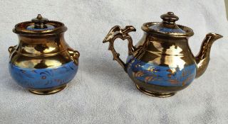 Antique/vintage Copper Lustre Teapot W/lid 5 " Hght.  Sugar W/lid 4.  5 " Copper Blue
