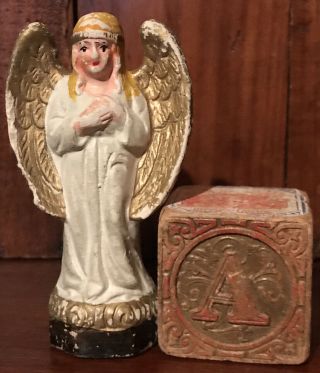 Antique Primitive Chalkware Nativity Christmas Angel & Victorian Toy Block Aafa