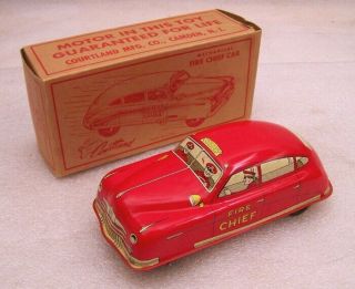 1950 Courtland 4000 Fire Chief Car Tin Windup W.  Reach Nmint In Orig Box Vtg Toy