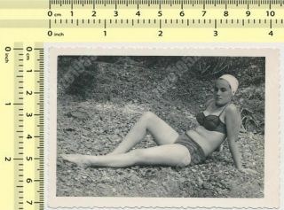 Bikini Woman Swim Cap Swimwear Lady Beach Portrait Vintage Photo Old