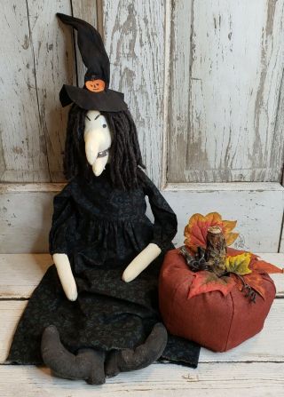 Primitive Folk Art Halloween Witch Doll With Her Pumpkin 30 " Tall Ooak