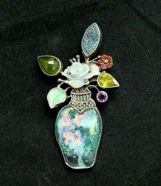 Vtg Semi Precious Jewels Sterling Silver Iriniri Flower Vase Pin Brooch 1985