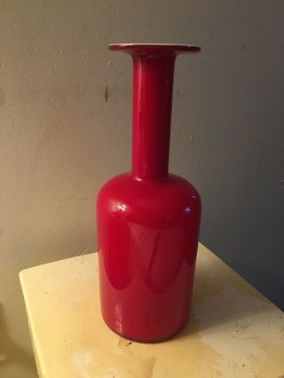 Vintage Mid Century Kastrup Holmegaard Denmark Red Over White Bottle Vase 10” 2