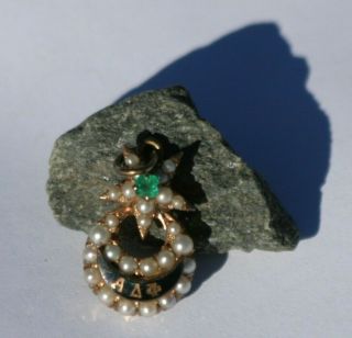 Alpha Delta Fie Fraternity Pin,  Gold,  With Seed Pearls And An Emerald Clover
