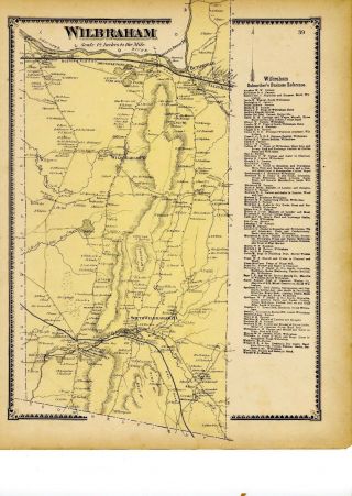 1870 Map Of Wilbraham,  Mass.  From Atlas Of Hampden County W/family Names