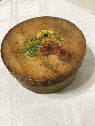 Antique Primitive Bent Wood Round Cheese Pantry Box 6 " Hand Painted Top Signed